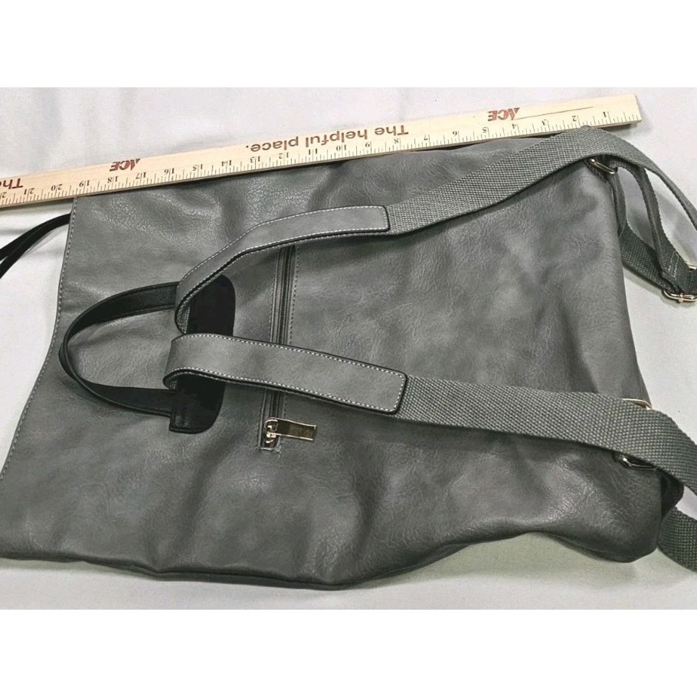Grey Faux Leather Fold Over Bucket Shoulder Convertible Backpack Purse 6 Pocket - Picture 9 of 10